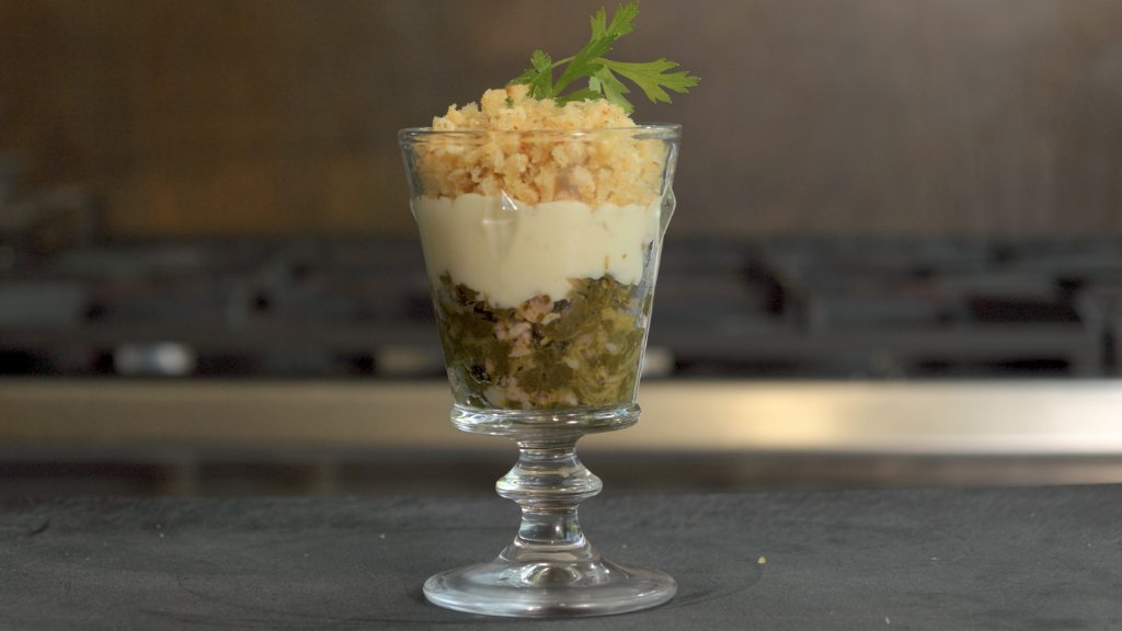 Croquetas ¨en vaso¨ de IXP Lacón Gallego, queixo DOP Arzúa-Ulloa, IXP Grelos de Galicia e IXP Pan de Cea