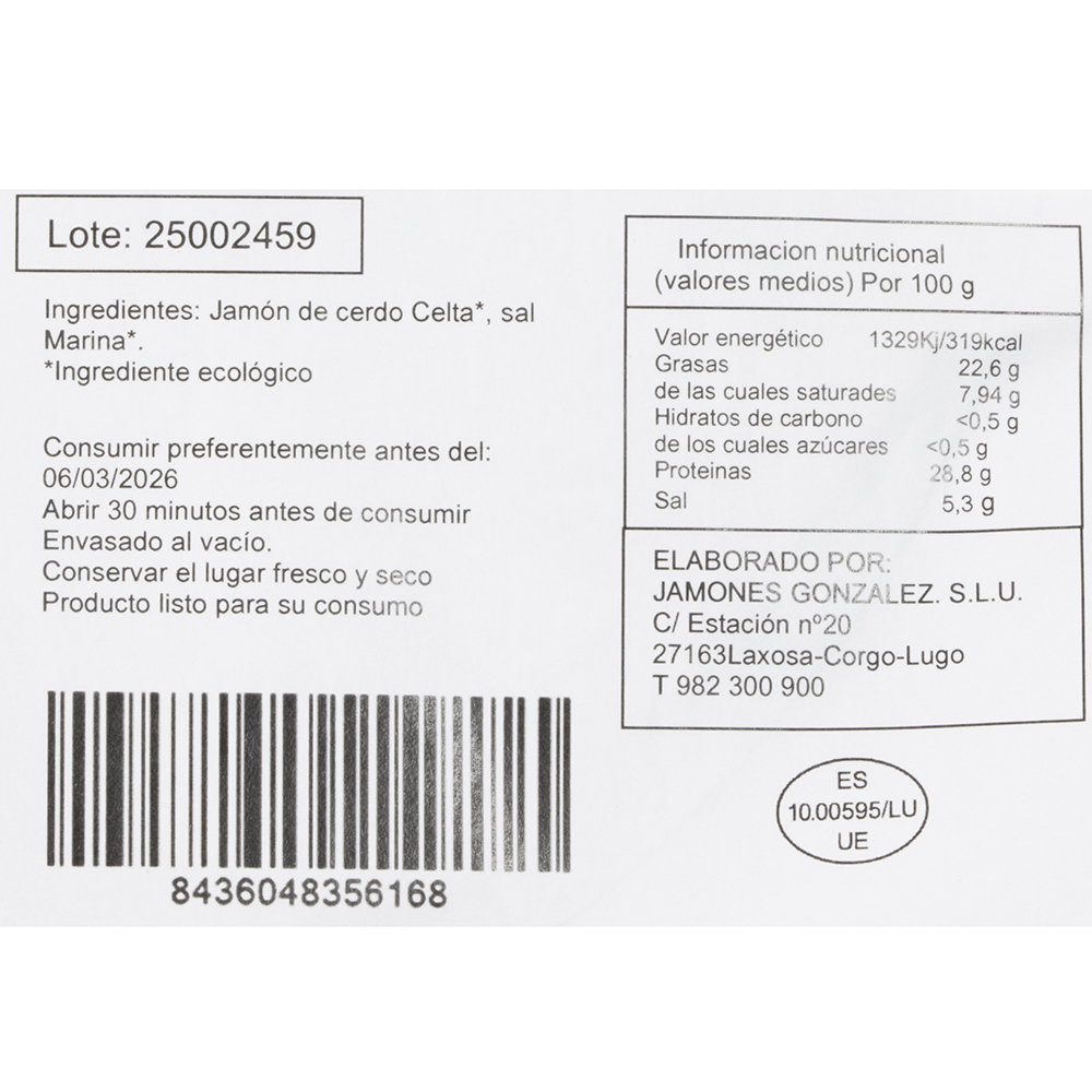 Xamón corte coitelo porco celta ecolóxico